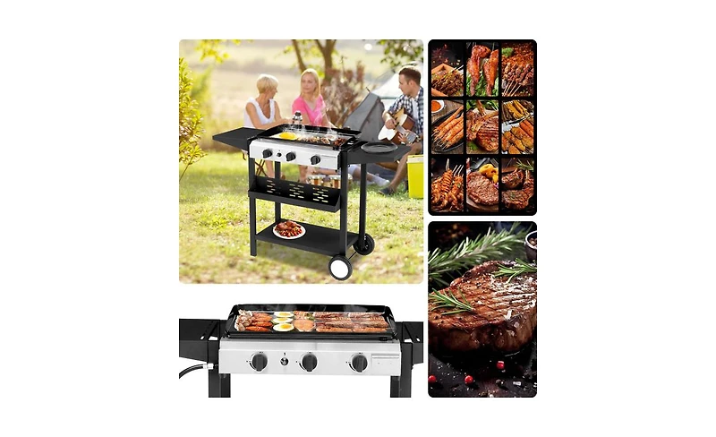 3-Burner Flat Top Gas Griddle Cooking Station – Outdoor Grill with Ceramic Coated Cast Iron Pan