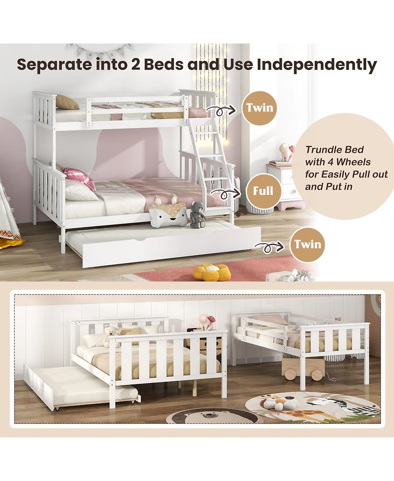 3-in-1 Twin Over Full Bunk Bed with Trundle and Built-in Ladder