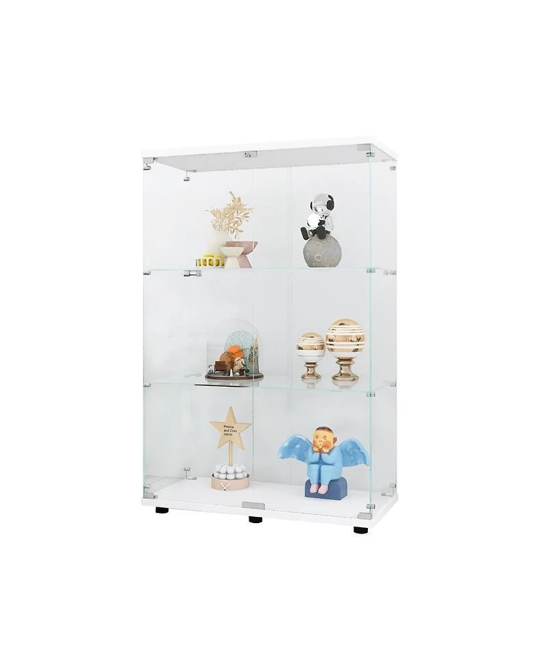 Lovmor Two-door Glass Display Cabinet 3 Shelves with Door, Floor Standing Curio Bookshelf for Living Room Bedroom Office
