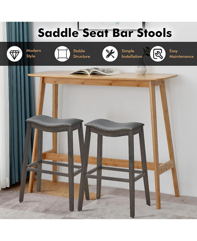 Gymax Set of Saddle Bar Stools Bar Height Kitchen Chairs w/ Rubber Wood Legs