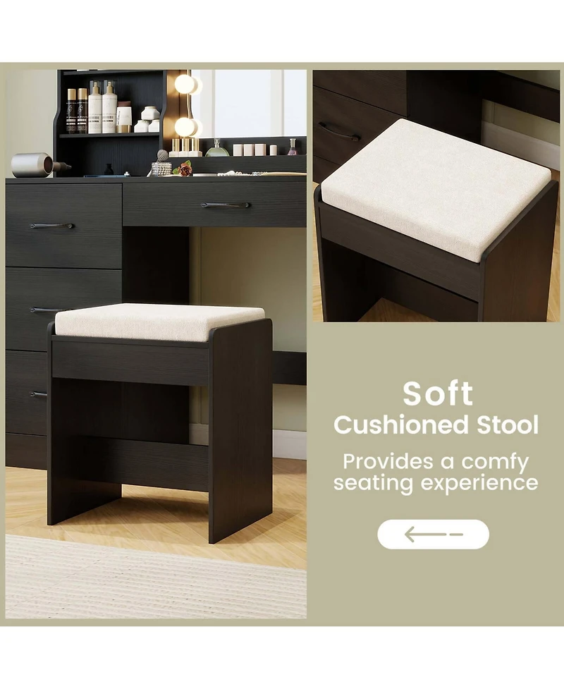 Costway Vanity Set with Mirror and Lights Dressing Table and Chair 4 Drawers 3 Open Shelves