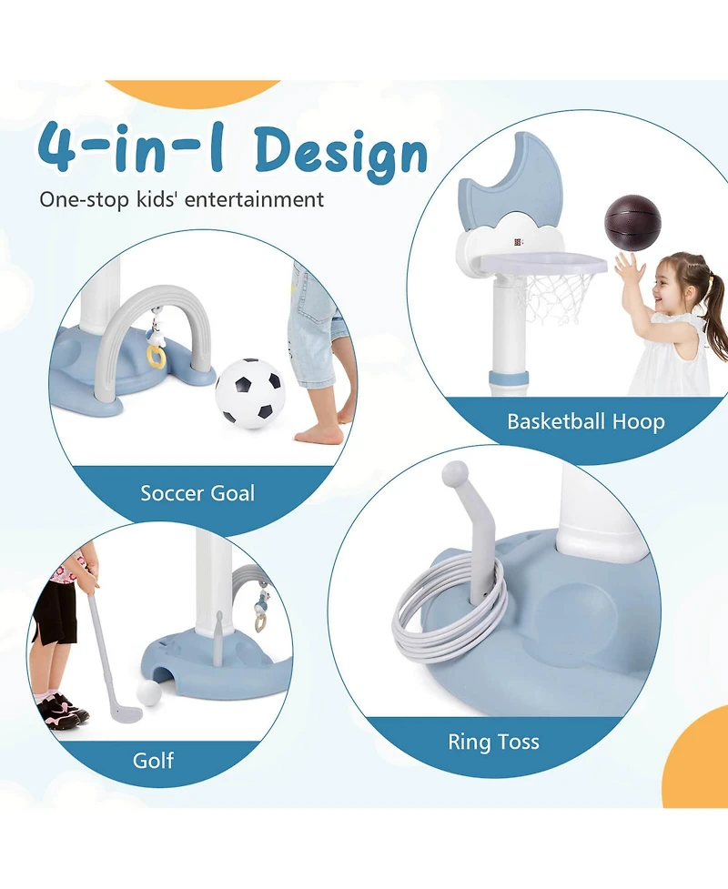 Costway 4-in-1 Toddlers Basketball Hoop with Basketball Soccer Golf and Ring Toss Game