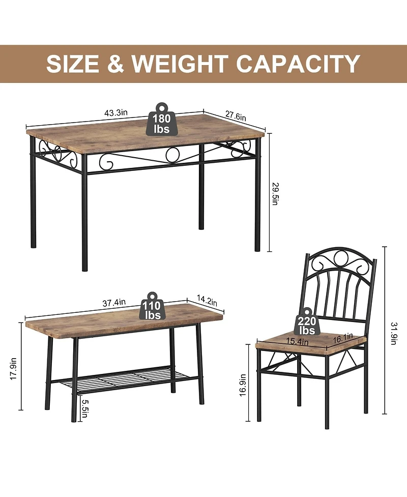 Industrial Dining Table Set for 4,Kitchen Table with Chairs Set of 4,Kitchen Table Set with 2 Chairs and Bench,4 Piece Dining Room Table Set for Small