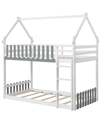 Twin Over Twin Bunk Bed with Fence and Ladder for Kids