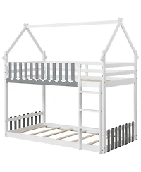 Twin Over Twin Bunk Bed with Fence and Ladder for Kids