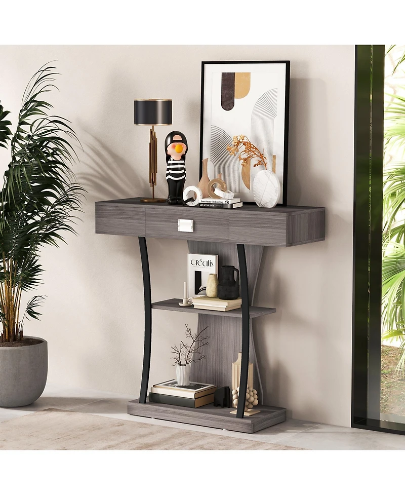 Gouun Console Table with Drawer and 2-Tier Shelves for Entryway Living Room