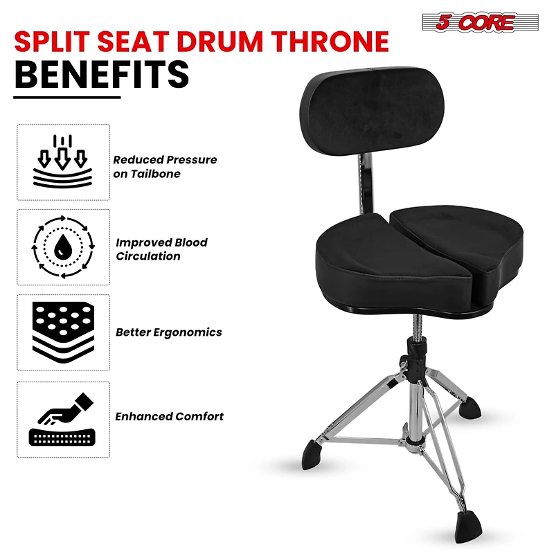 5 Core Drum Throne with Backrest Thick Padded Adjustable Guitar Stool Motorcycle Style Saddle Music Chair Seat for Adult Drummers