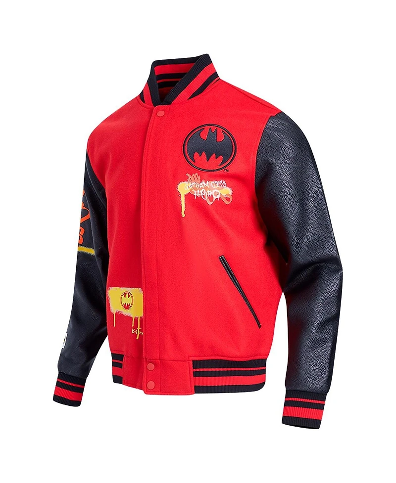 Freeze Max Men's Red/Black Batman Spray Paint Full-Zip Varsity Jacket