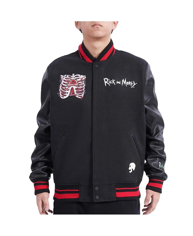 Freeze Max Men's Black Rick And Morty Anatomy Park Full-Zip Varsity Jacket