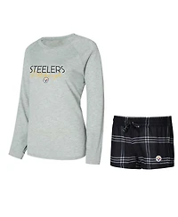 Concepts Sport Women's Black/Gray Pittsburgh Steelers Petition Raglan Long Sleeve T-Shirt and Shorts Set