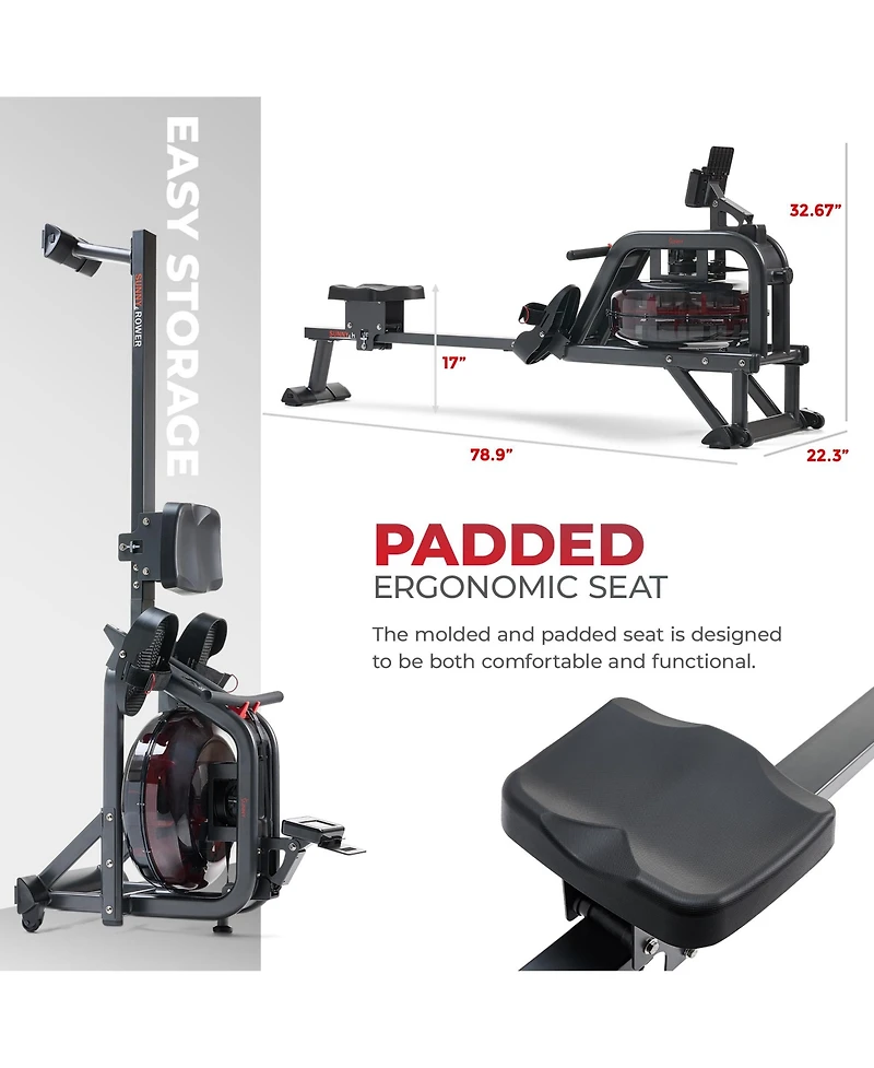 Sunny Health & Fitness Smart Obsidian Surge 500 m Water Rowing Machine