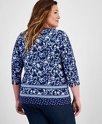 Style & Co Plus Size Printed Pima Cotton 3/4-Sleeve Top, Exclusively at Macy's
