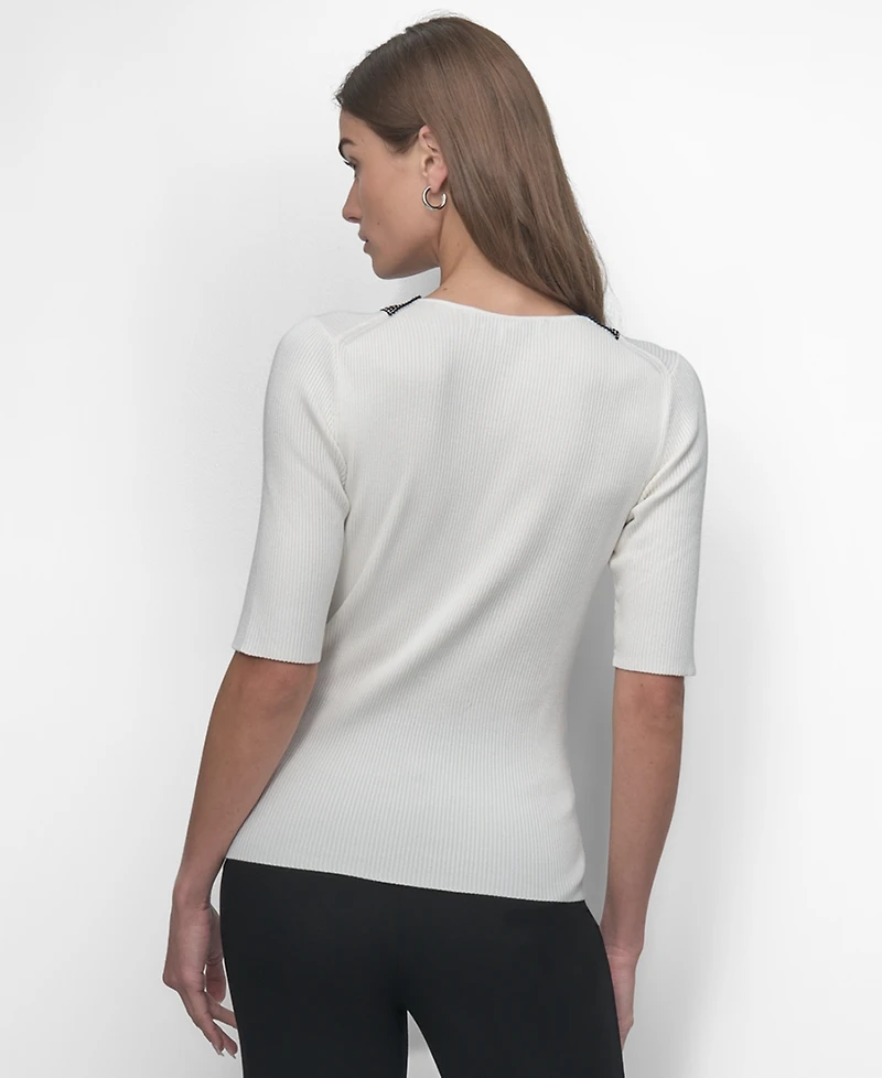 Dkny Women's Embellished-Neck Half-Sleeve Ribbed Sweater