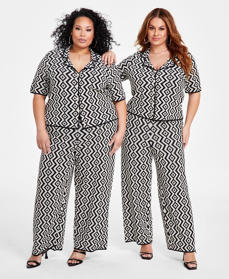 Nina Parker Plus Size Geo-Print Notch-Collar Jacquard Top