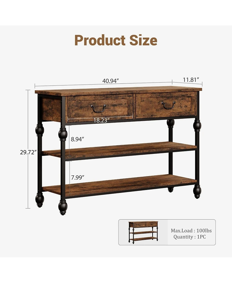 gaomon 41" Entryway Table, Console Table with 2 Storage Drawers, 3 Tier Industrial Metal Sofa Table, Behind Couch Table, Hallway Table for Entry, Livi