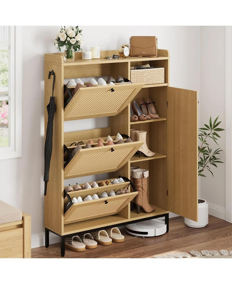 gaomon Shoe Cabinet Rattan with 3 Flip Drawers and 4-Tier Shoe Storage Cabinet, Freestanding Shoe Organizer with Adjustable Shelves for Entryway