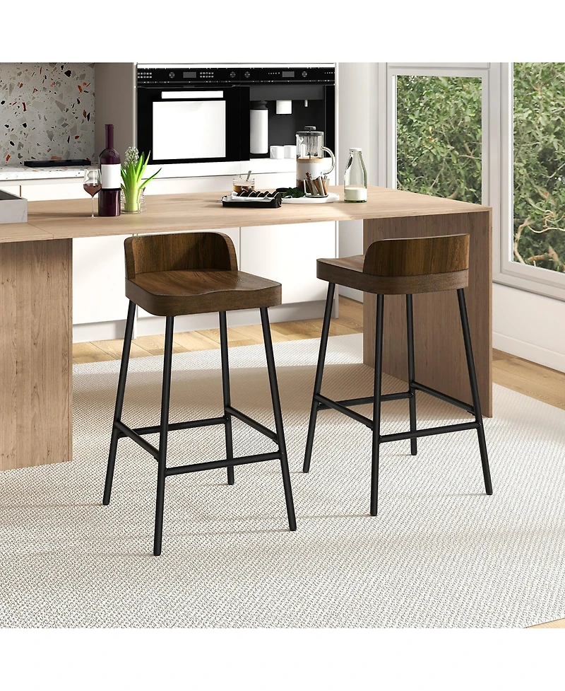 Gymax 24.5''Bar Stool Set of Armless Bar Chair w/ Backrest Footrest & Metal Frame Cafe