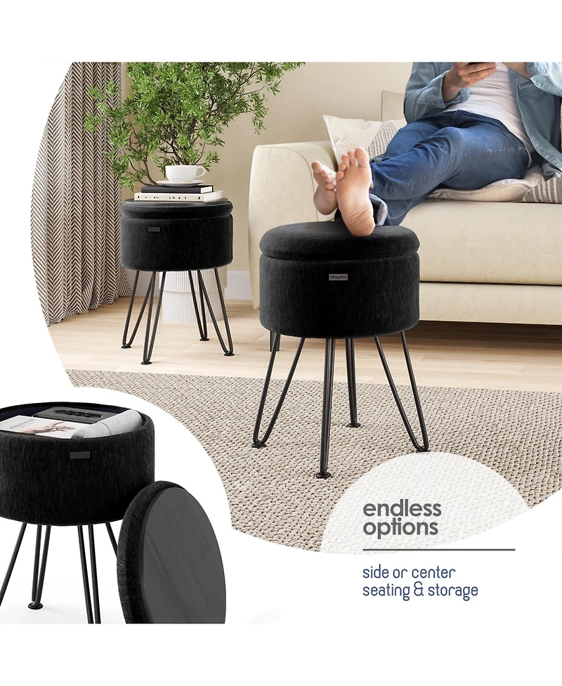 Nestl Textured Velvet Round Ottoman with Storage – Modern Foot Stool, Makeup Vanity Small Rest, Perfect for Living Room & B