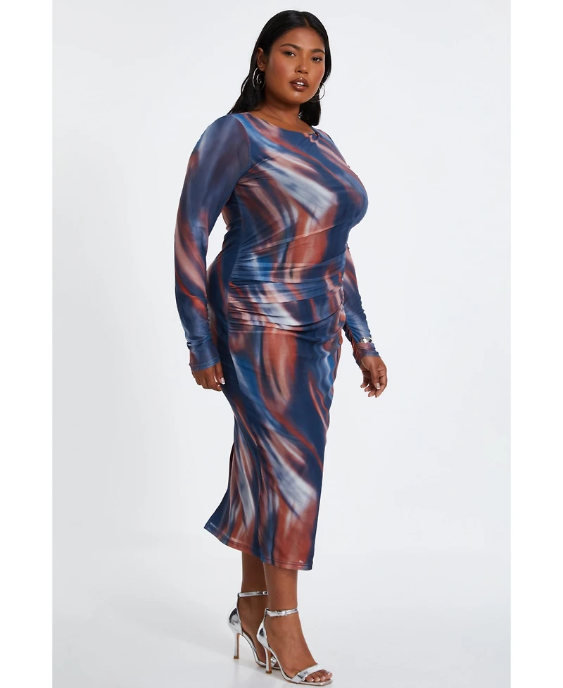 Quiz Plus Size Mesh Marble Round Neck Long Sleeve Maxi Dress
