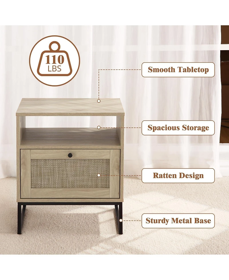 gaomon Bedside, Nightstand with Rattan Accent Drawers, Mid-Century Modern End Wood Side, Decorative Table for Bedroom, Living Room, Oak/Natural