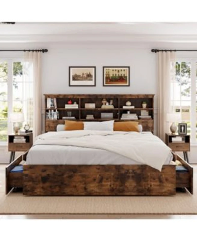 Gaomon Queen Bed Frame With High Storage Bookcase Headboard Wood Bed Frame With 4 Storage Drawers