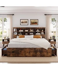 Gaomon Queen Bed Frame With High Storage Bookcase Headboard Wood Bed Frame With 4 Storage Drawers