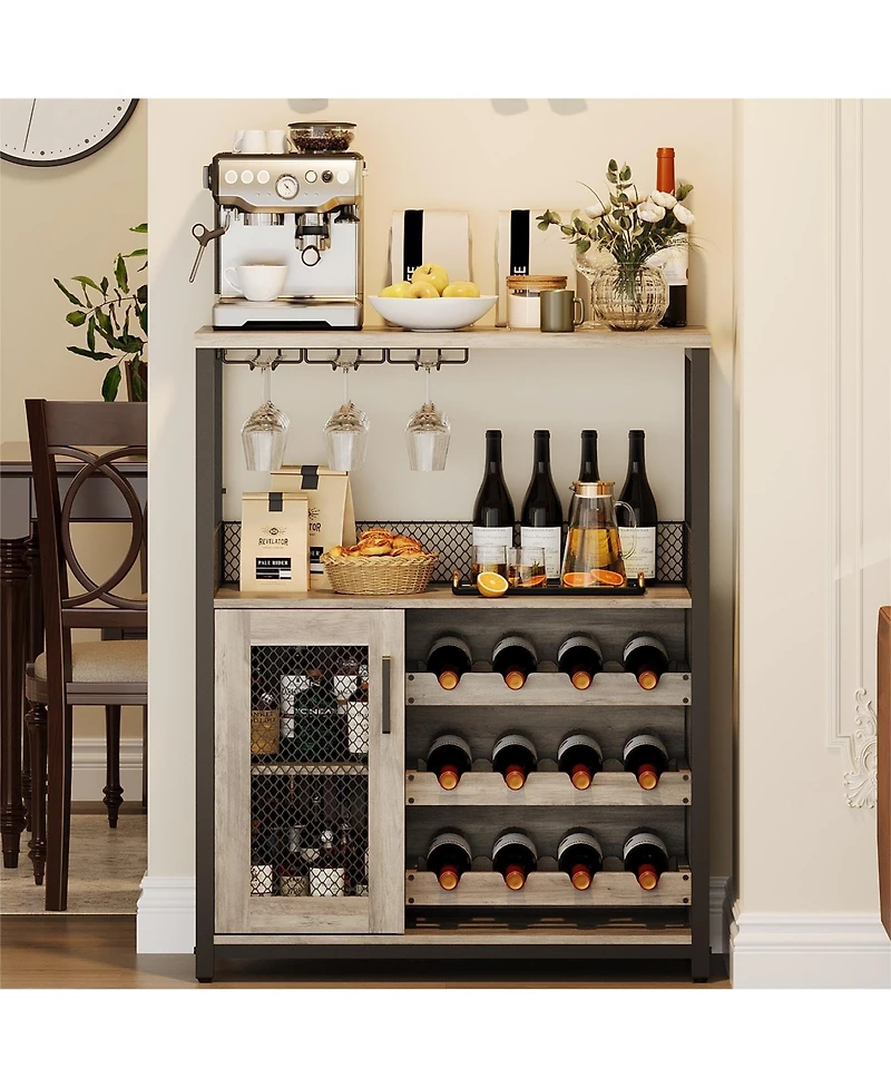 3-Tier Wine Bar Cabinet with Led Lights, Detachable Wine Rack and Storage Space,Grey