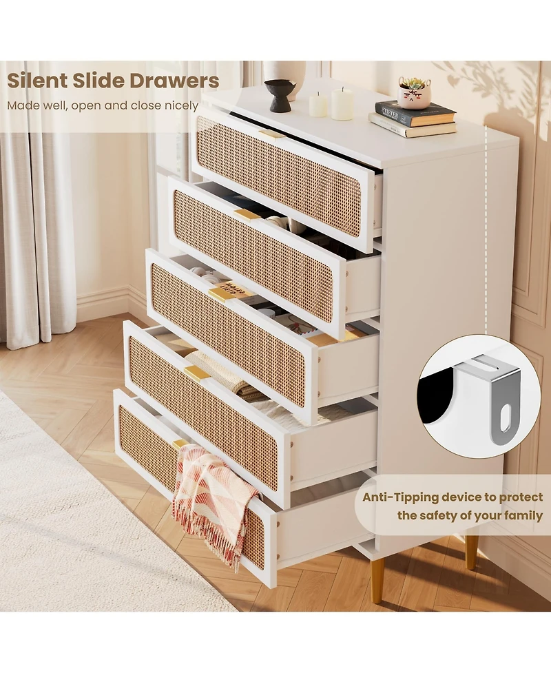 gaomon Rattan 5 Drawer Dresser for Bedroom