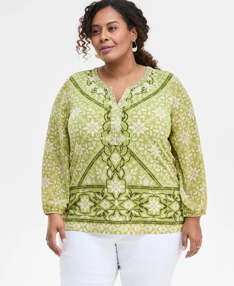 Jm Collection Plus Printed Embellished Top, Exclusively at Macy's