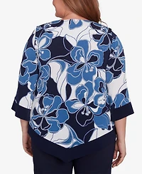 Alfred Dunner Plus Size Classic Abstract Bold Floral Patchwork Top with Necklace