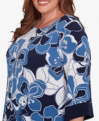 Alfred Dunner Plus Size Classic Abstract Bold Floral Patchwork Top with Necklace