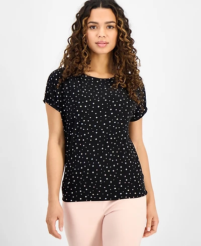 Ak Anne Klein Petite Short-Sleeve Scoop-Neck Floral Top