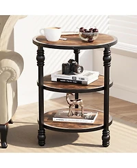 gaomon Round End Table, Small Accent Table with 3 Tier Storage Shelves, Farmhouse Wood Side Table, Metal Frame Industrial Night Stand for Living Room