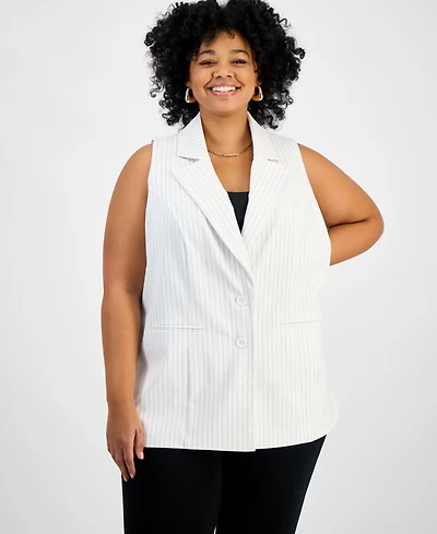 Bar Iii Trendy Plus Size Long White Pinstriped Vest, Created for Macy's