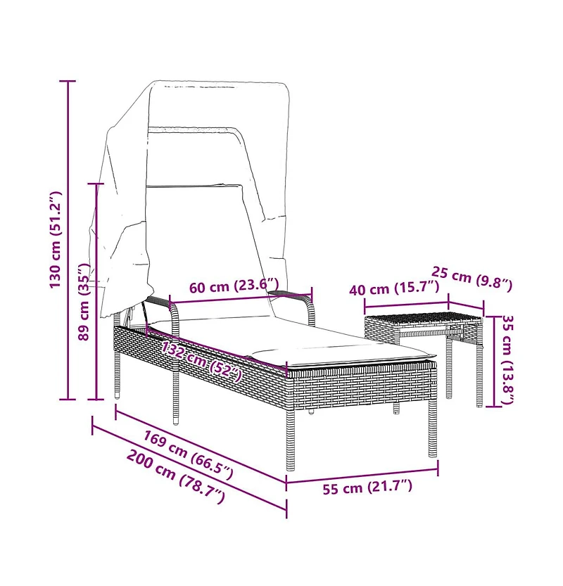 Sun Lounger with Canopy and Table Black Poly Rattan