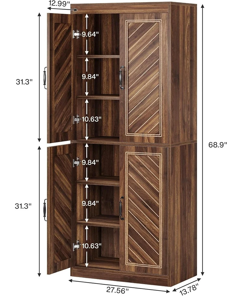 Tribesigns 69" Tall Kitchen Pantry Cabinet, Farmhouse Pantry Storage Cabinet with 4 Doors and 4 Adjustable Shelves, Rustic Wood Cupboard, Brown