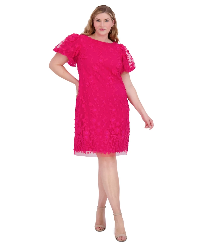 Eliza J Plus Size Puffed-Sleeve 3D-Floral Shift Dress