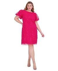 Eliza J Plus Size Puffed-Sleeve 3D-Floral Shift Dress