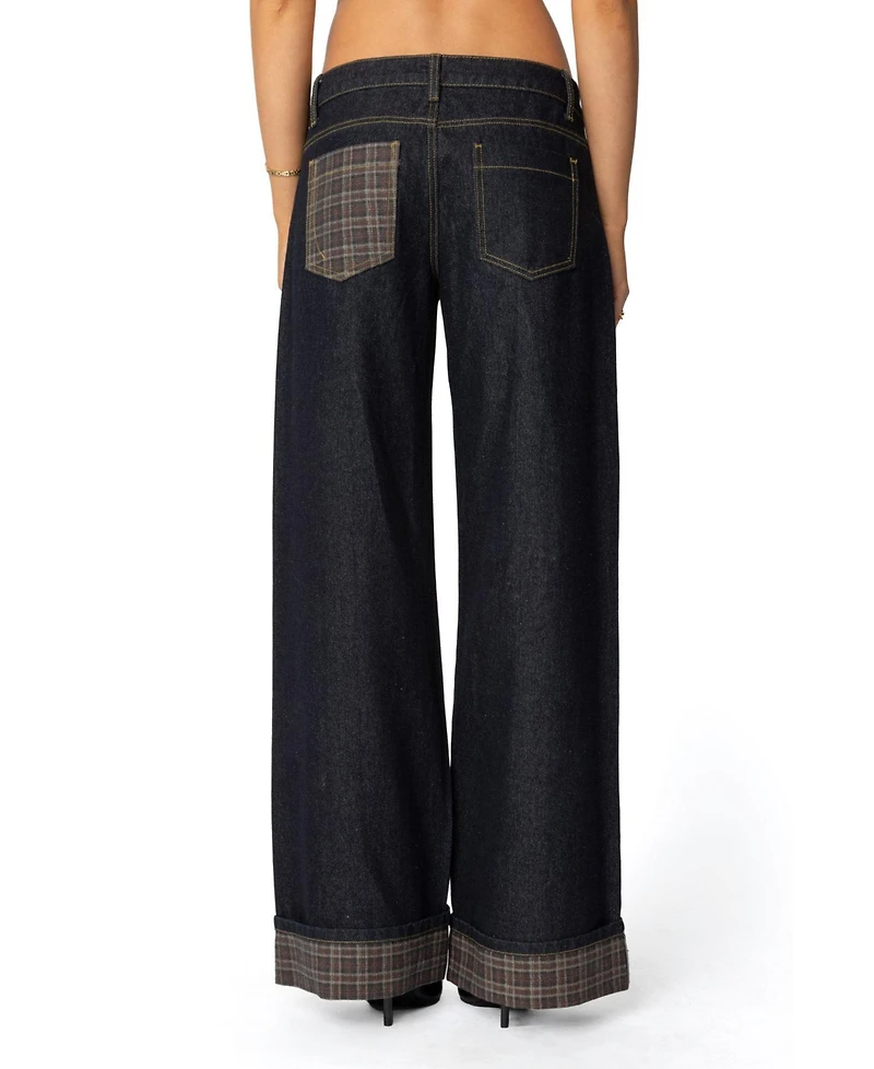 Edikted Womens Plaid Cuffed Low Rise Jeans