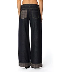 Edikted Womens Plaid Cuffed Low Rise Jeans