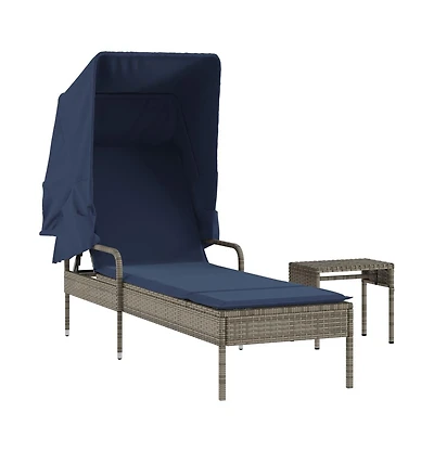Sun Lounger with Canopy and Table Gray Poly Rattan