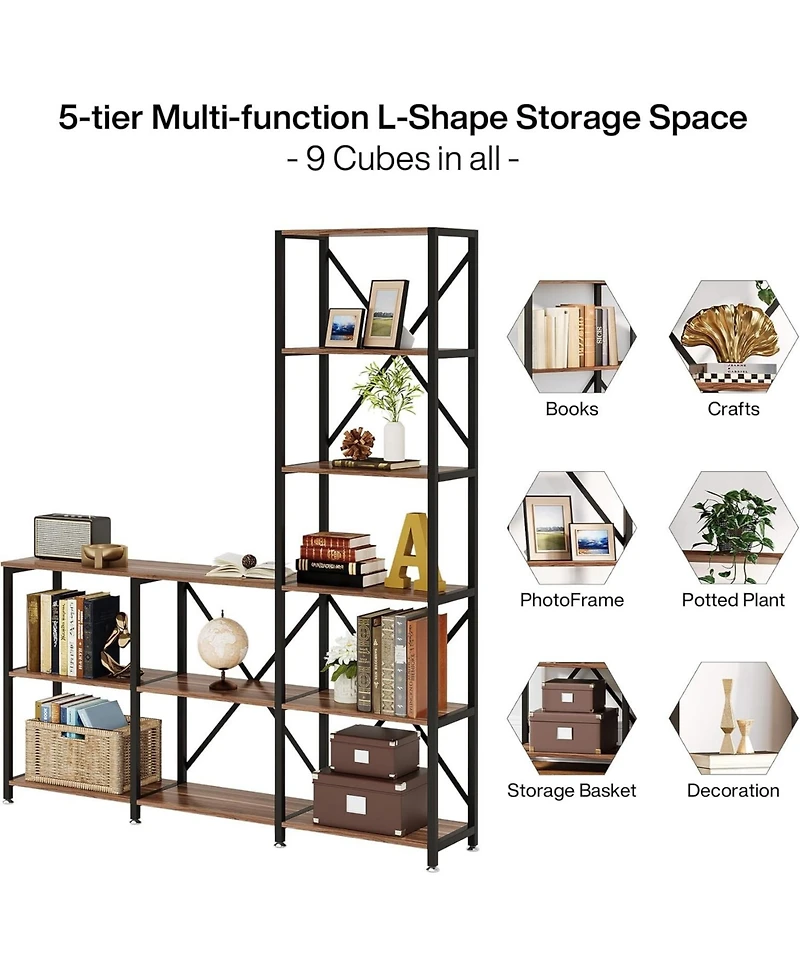 Tribesigns 5-Tier Bookshelves, Industrial Ladder Corner Etagere Bookcase, Rustic Display Open Shelf Storage Organizer for Living Room