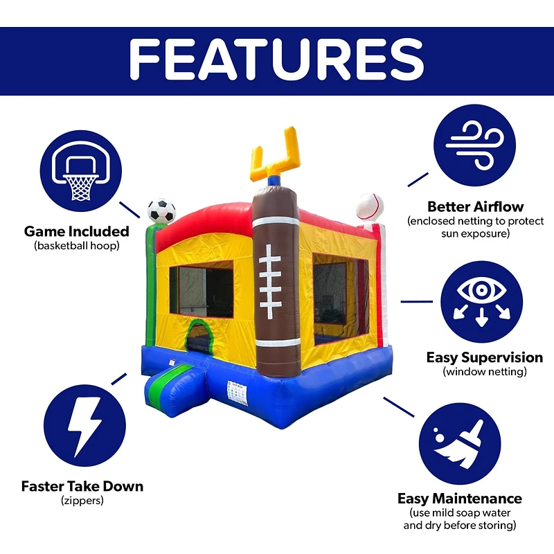 HeroKiddo Sports Commercial Grade Bounce House for Kids and Adults (with Blower), Basketball Hoop, Outdoor Indoor, Birthday Party, Rental Quality, Big