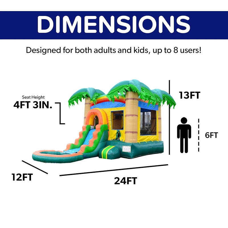 HeroKiddo Tropical Breeze Commercial Grade Bounce House Water Slide with Splash Pool for Kids and Adults (with Blower), Basketball Hoop, Outdoor Indoo