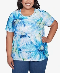 Alfred Dunner Plus Size Dramatic Blue Floral Crew Neck Top