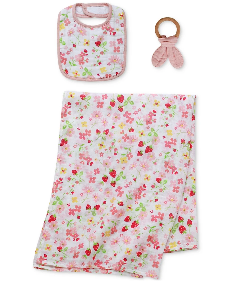 Little Me Baby Girls 3-Pc. Floral Muslin Bib, Swaddle, and Ring Set