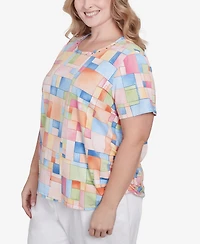 Alfred Dunner Plus Color Block Tile Top with Side Ruching