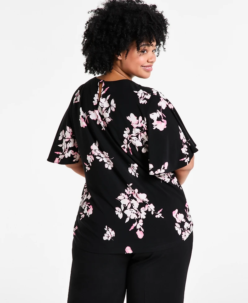 Anne Klein Plus Pleat-Neck Short-Bell-Sleeve Blouse
