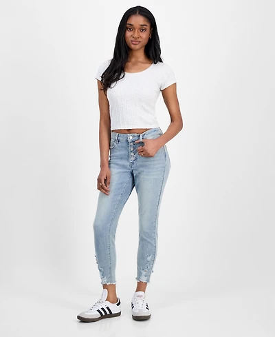 Indigo Rein Juniors' Mid Rise Button Fly Distressed Cropped Curvy Jeans