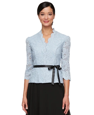 Alex Evenings Women's Lace Belted 3/4-Sleeve Blouse